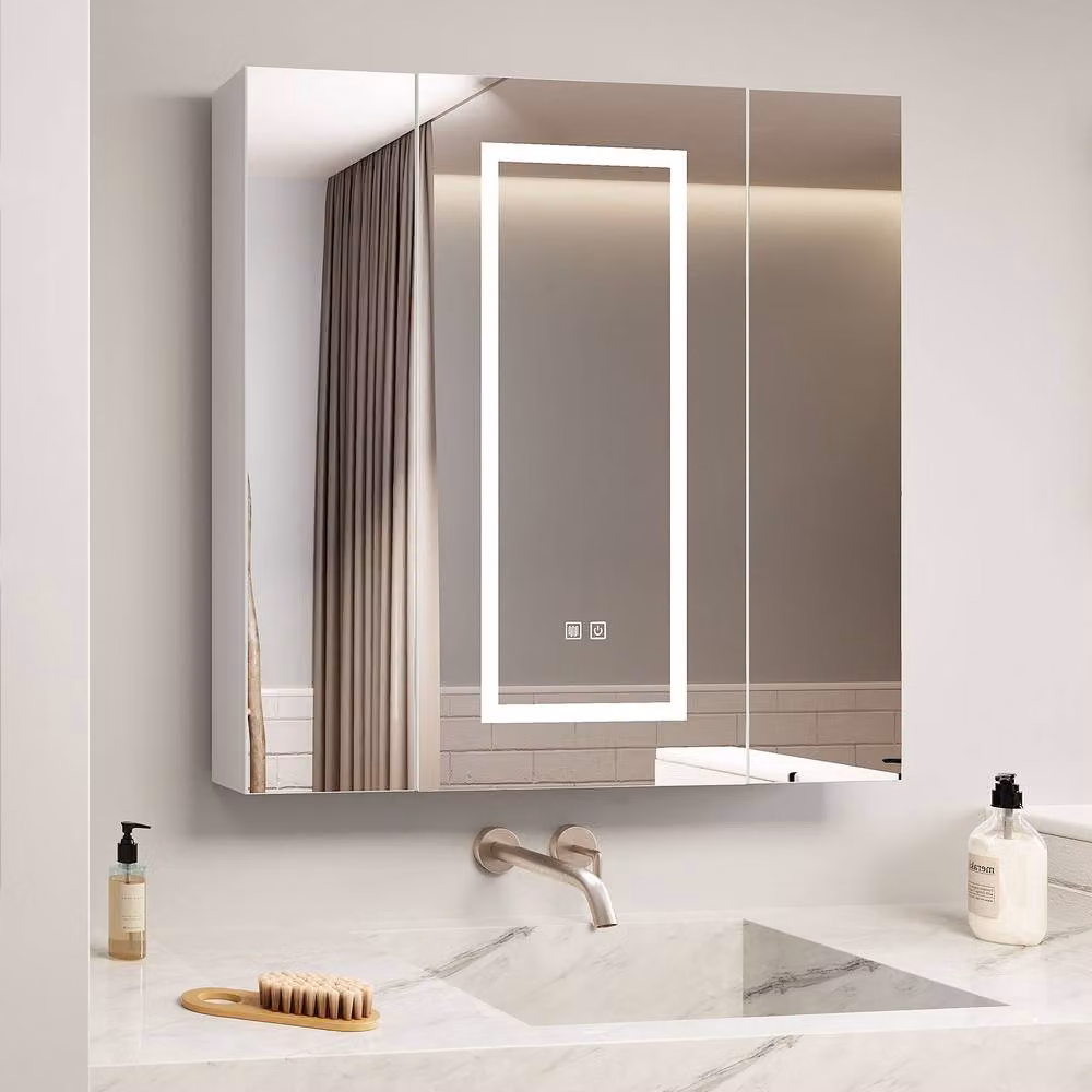 KEEPREAPER White LED Bathroom Mirror Cabinet with 3 Hinged Doors, Anti-Fog Defogger and Sensor Switch, W/H: 80 x 80 cm – 4