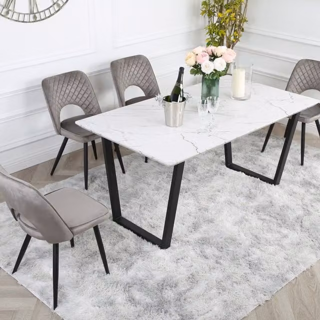 Home Garden Direct Modern Dining Table Set with 4 Grey Metis Velvet Chairs and Marble Effect Glass Table