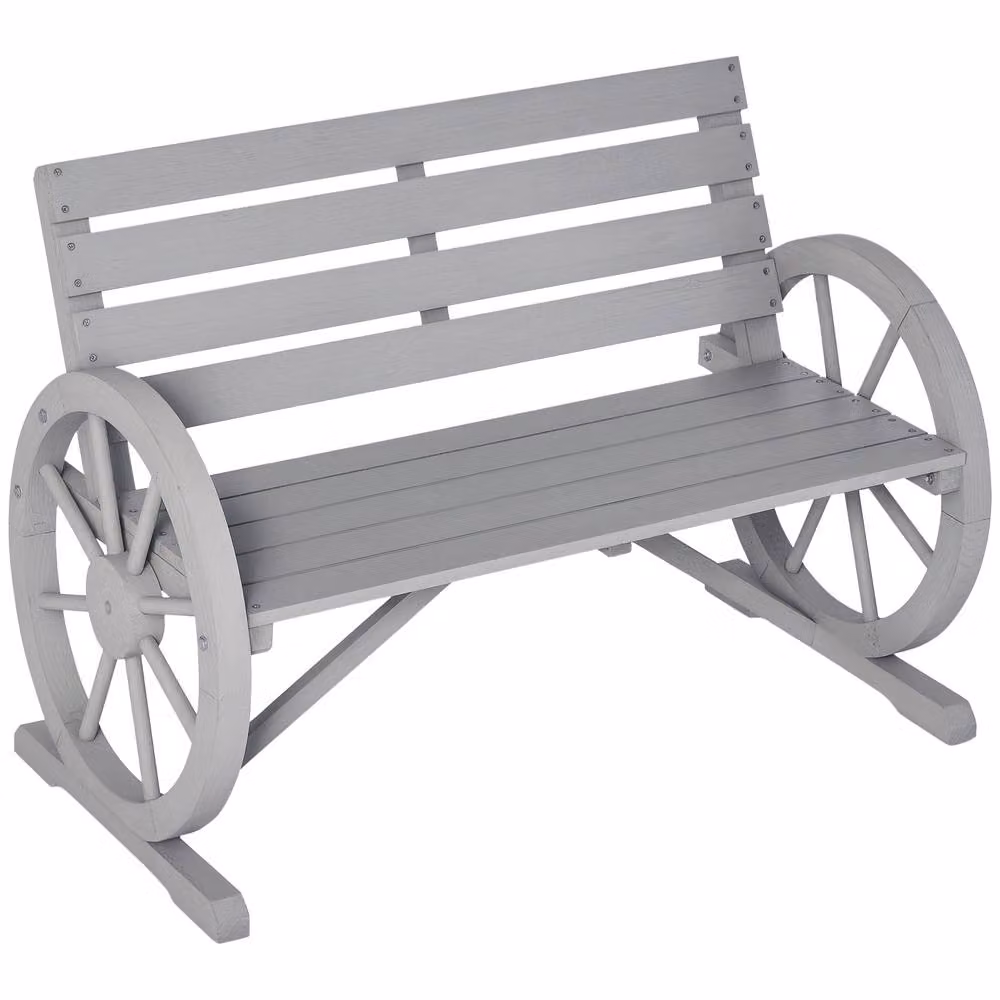 Outsunny Rustic Wooden 2 Seater Garden Bench with Wagon Wheels in Grey – 2