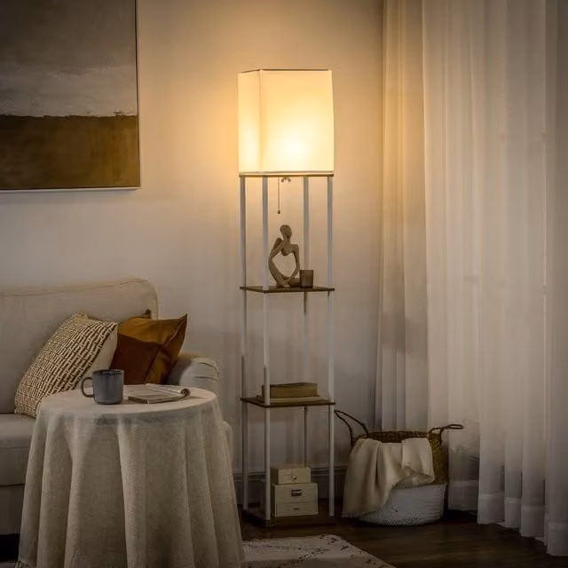 HOMCOM Modern 3 Layer White Metal and Fabric Floor Lamp with Shelves