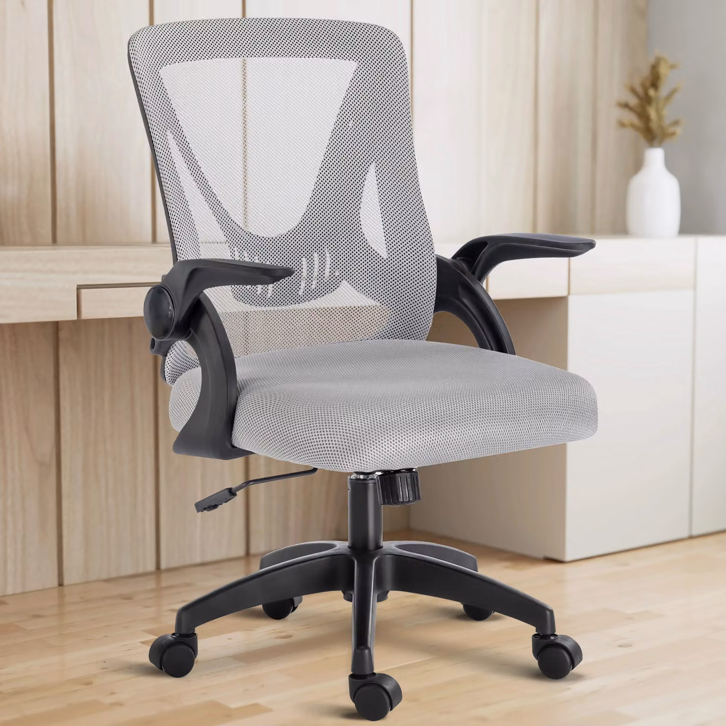 DHS Ergonomic Grey Fabric Mesh Home Office Chair with Armrests and 360 Degree Swivel