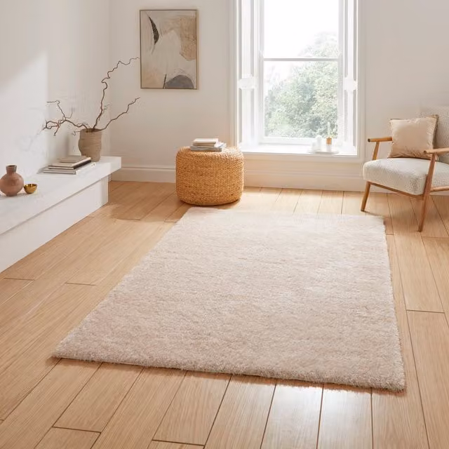 Terrys Lux Shaggy Rectangular Rug in Cream, Beige and White Polyester