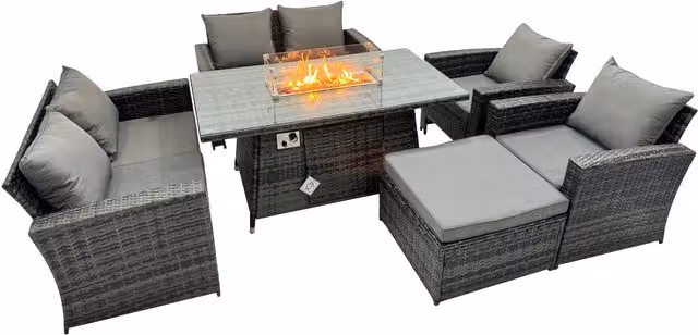 Fimous 7 Seater Rattan Outdoor Dining Set with Rectangular Gas Fire Pit Table and Sofa in Dark Grey – 1