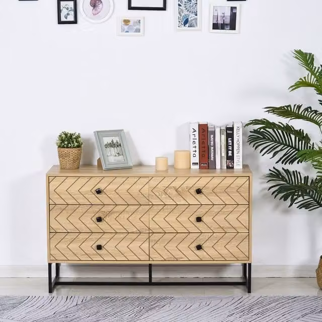HOMCOM Industrial 6-Drawer Chest of Drawers and Sideboard Storage Unit in Brown and Black