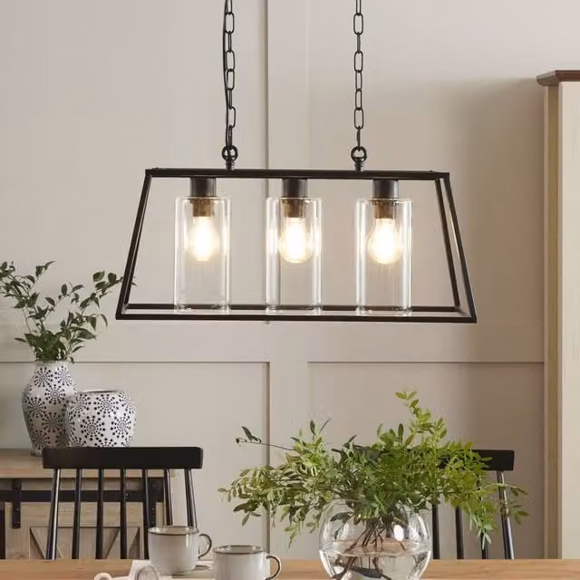 Wyld and Coco Industrial Pendant Lamp in Black Iron with Three Transparent Glass Shades, 117 cm – 1