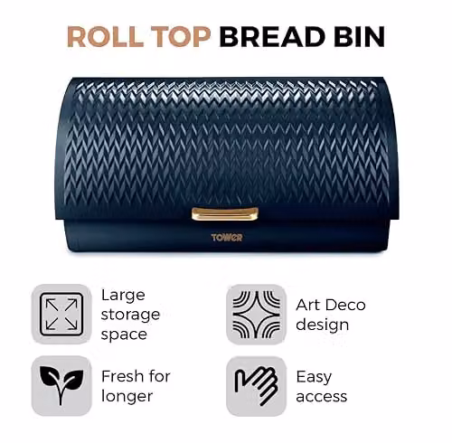 Tower Empire Roll Top Stainless Steel Bread Bin, Blue, W: 39.0 cm, D: 19.0 cm, H: 27.51 cm – 2
