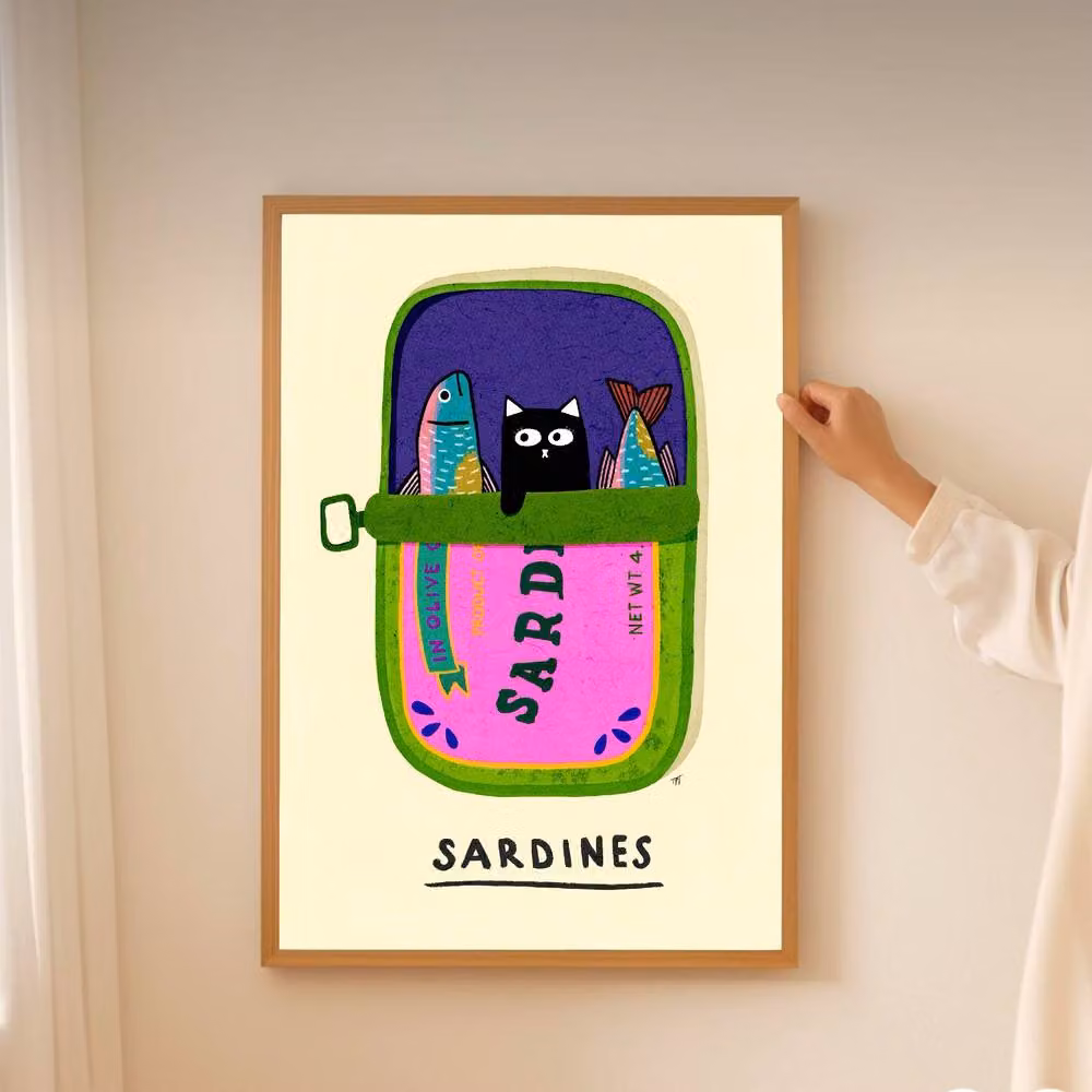 The Paper Tail Black Cat and Sardines Multicolour Wall Art Illustration Print – 4