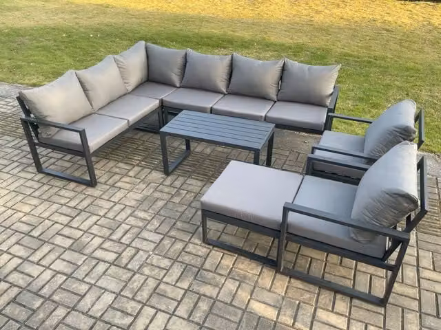 Fimous Aluminium Garden Furniture Set in Dark Grey, featuring a Left-Facing L-Shape Corner Sofa, Two Chairs, an Oblong Coffee Table and a Matching Ottoman