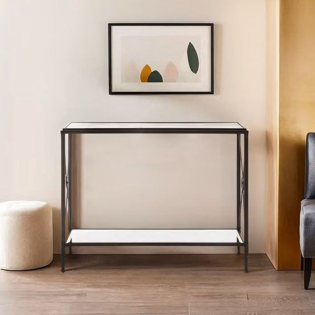 Orsina Black Industrial Two-Tier Console Table with Transparent Tempered Glass Tops and Metal Frame – 1