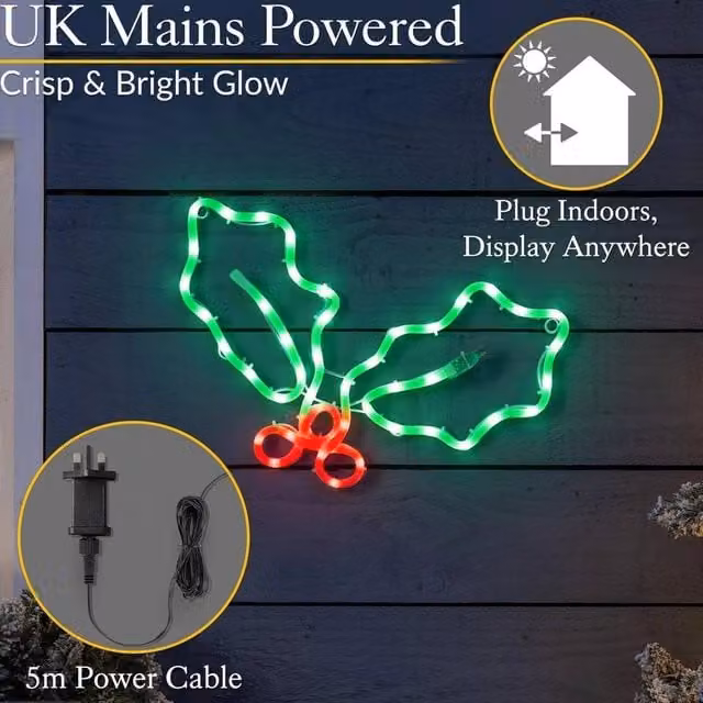 NESTLUNE Holly Christmas LED Rope Light Silhouette for Walls and Windows in Green, W: 100 cm, H: 100 cm – 1