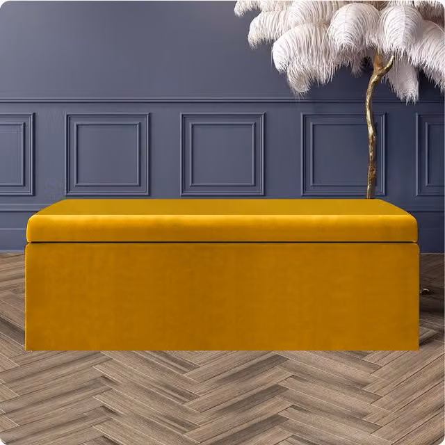 R&M Furnishers Large Plain Safar Storage Ottoman Box in Mustard Gold Plush Velvet
