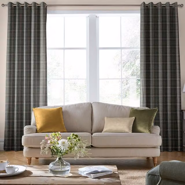 Laura Ashley Alfriston Made To Measure Blackout Eyelet Curtains in Green and Grey Fern Pattern