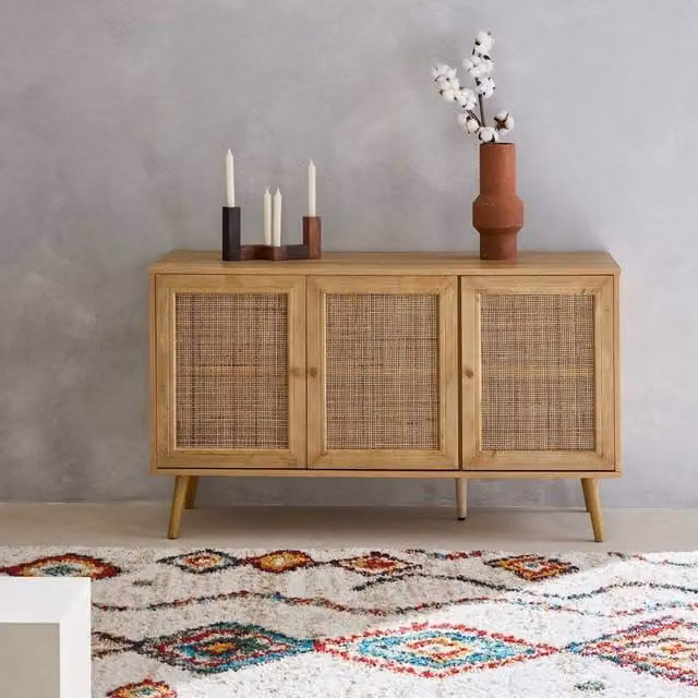 Sweekeet Boho Sideboard Cabinet with Rattan and Glass in Light Brown, Width: 120 cm – 1