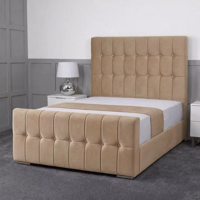 Living Comfort Bedz Belmont Double Upholstered Velvet Gas Lift Storage Bed in Beige, W/D/H: 140 x 200 cm
