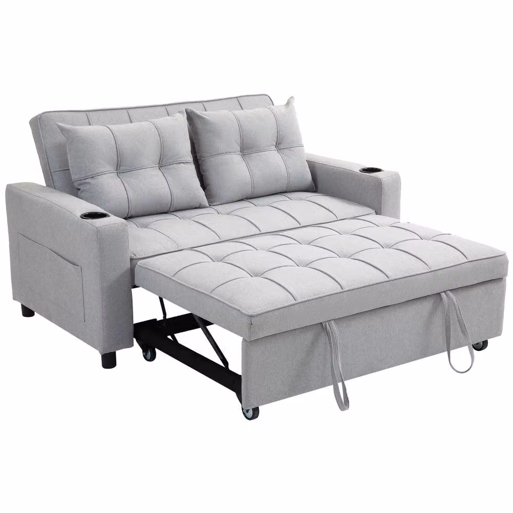 STILVORA Two-Seater Pull-Out Sofa Bed in Grey with Adjustable Headrest and Cup Holders – 2