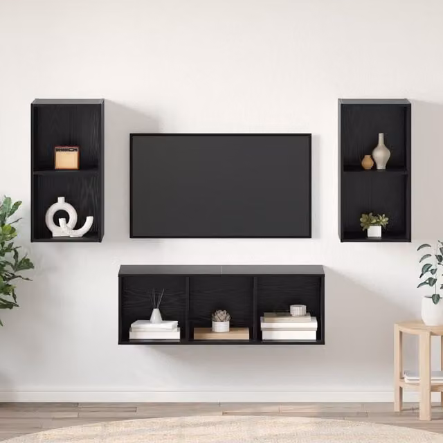 Berkfield Home 3-Piece Modern TV Cabinet Set in Black Oak, W/D/H: 37 x 37 x 107 cm