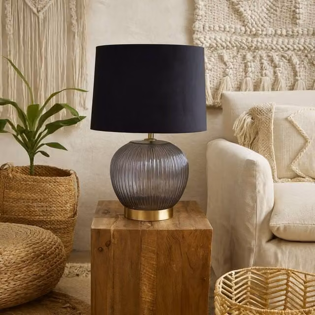 Wyld Haus Fernforge Grey Ribbed Glass Table Lamp with Black Velvet Shade