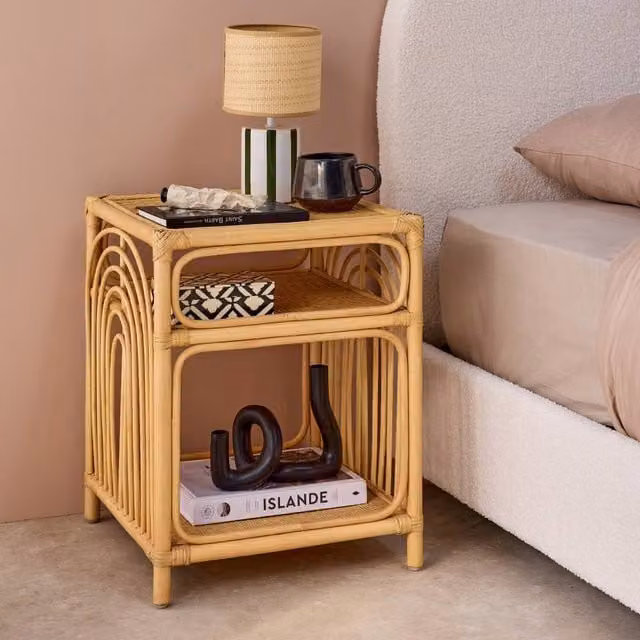 sweeek Rattan Bedside Table with 1 Shelf and 1 Niche in Light Brown, W/D/H: 40 x 40 x 50 cm