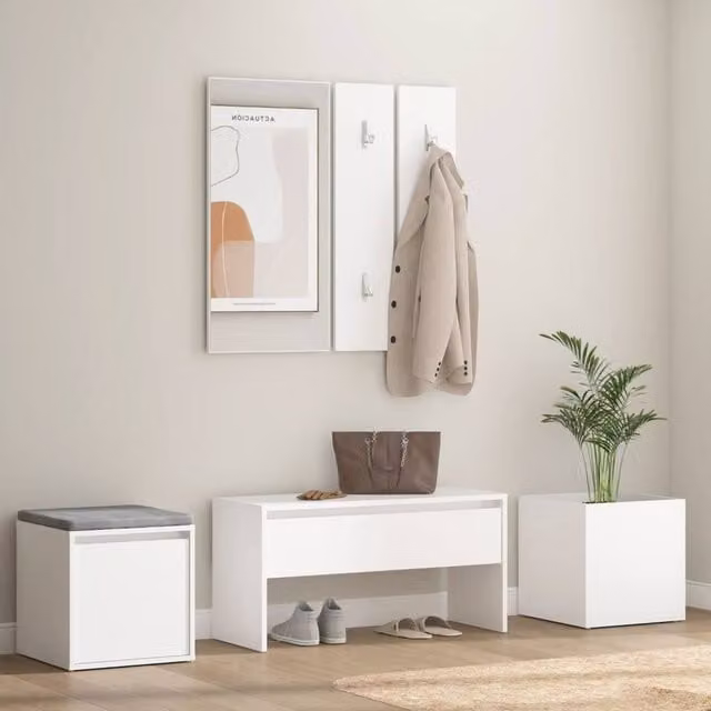 Berkfield Home White MDF Hallway Furniture Set with Bench, Mirror and Wall Rack – 1