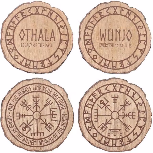 Something Different Norse Mythology Round Wood Coasters, Pack of 4, Natural Brown