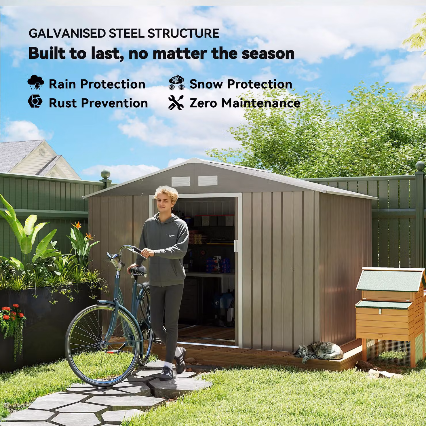 OUTSUNNY Galvanised Steel Garden Shed Storage Unit with Sliding Locking Doors and Side Vent in Brown or Grey – 3