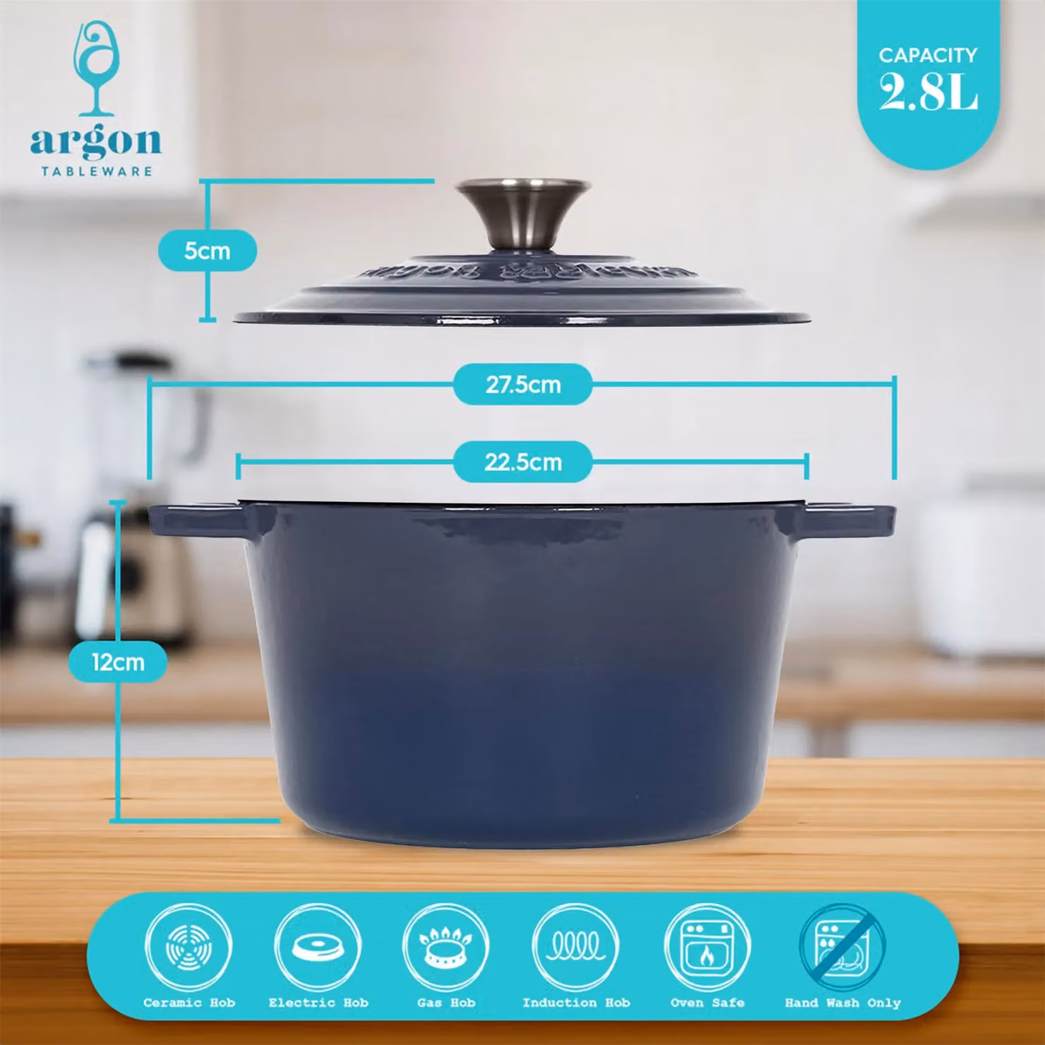 Argon Tableware 2x Round Cast Iron Casserole Dishes with Self Basting Lid, Blue, 2.8L – 3