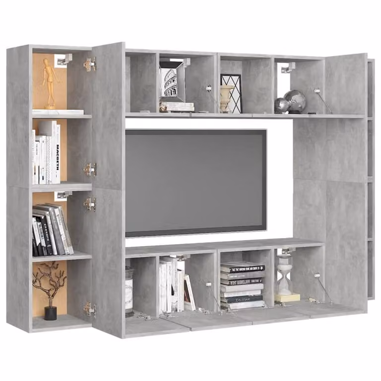 Berkfield Home 8 Piece Modern Grey MDF TV Cabinet and Lowboard Set with Wall Mounted Units and Hinged Doors