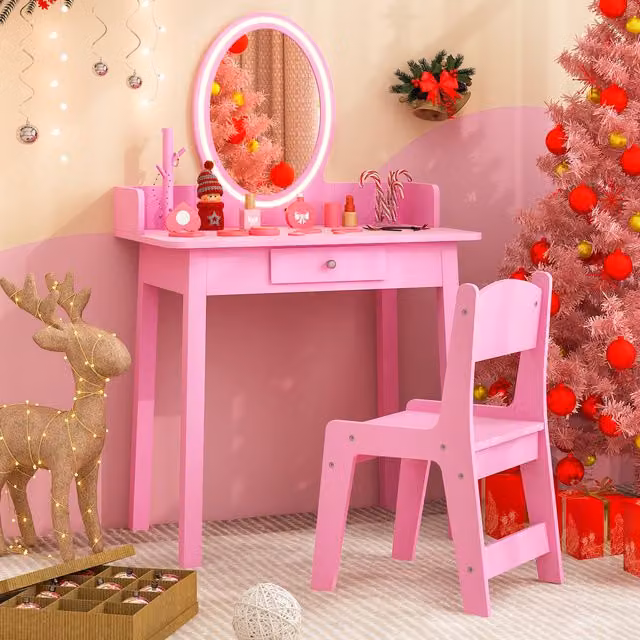 Costway Kids Vanity Set with LED Hollywood Mirror in Pink