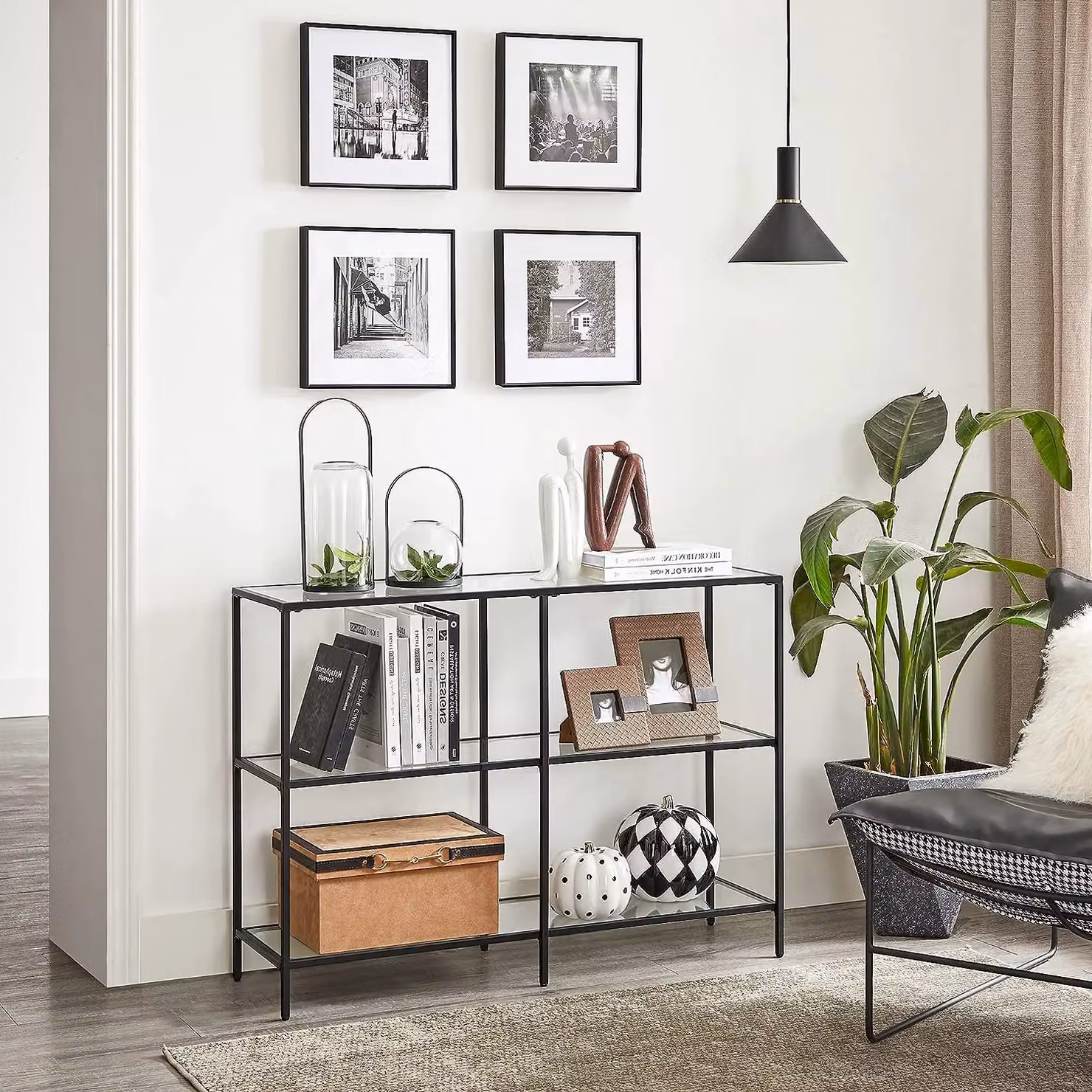 VASAGLE Modern Rectangular Console Coffee Table with 3 Transparent Glass Shelves and Black Steel Frame – 2