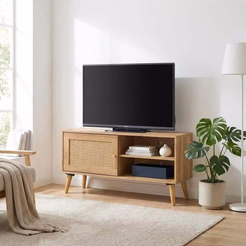 NESTLUNE Oak Rattan 1 Door Small TV Unit Stand in Light Oak, W: 100 cm, D: 15 cm – 2