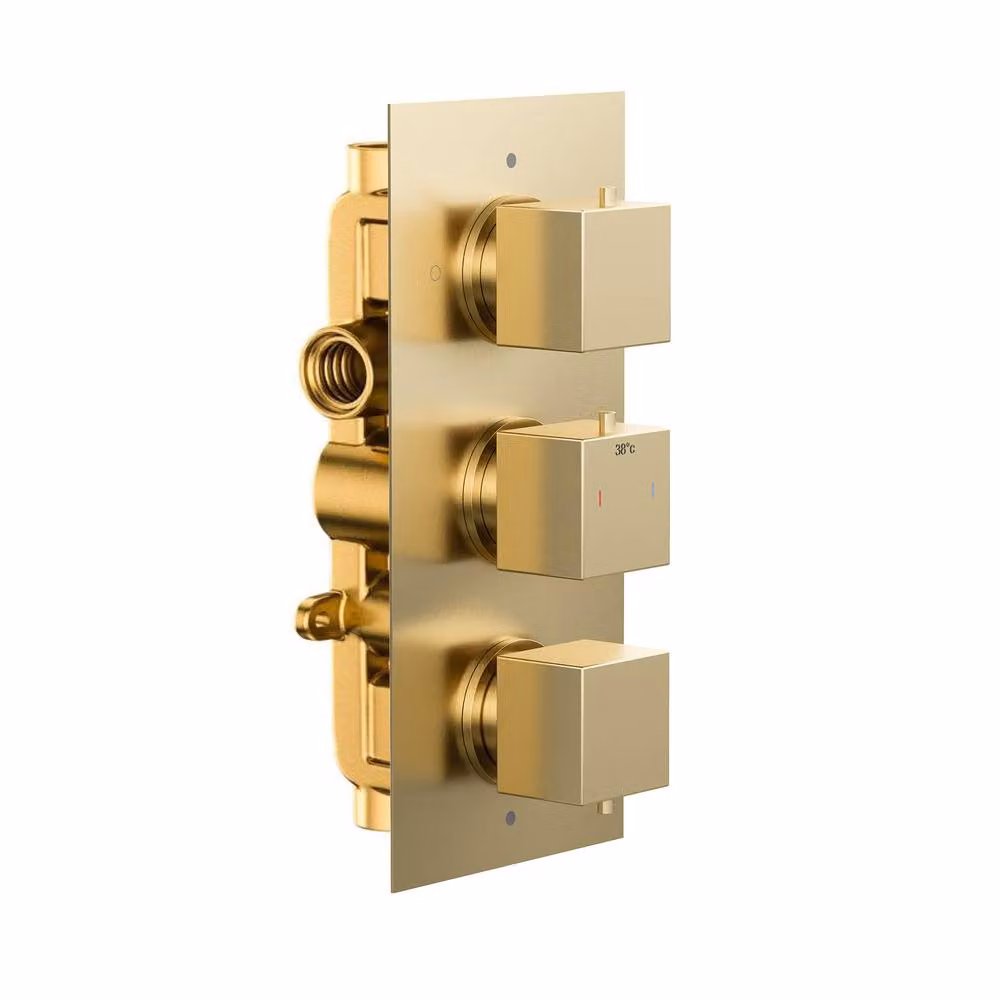 Nes Home 3 Dial 2 Way Concealed Square Thermostatic Mixer Valve in Brushed Brass Gold, W: 29.6 cm, H: 25.3 cm – 2