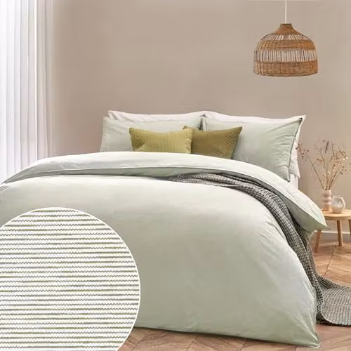 Riva Home Striped 100% Cotton Duvet Cover Set in Green and Beige, 200 x 200 cm