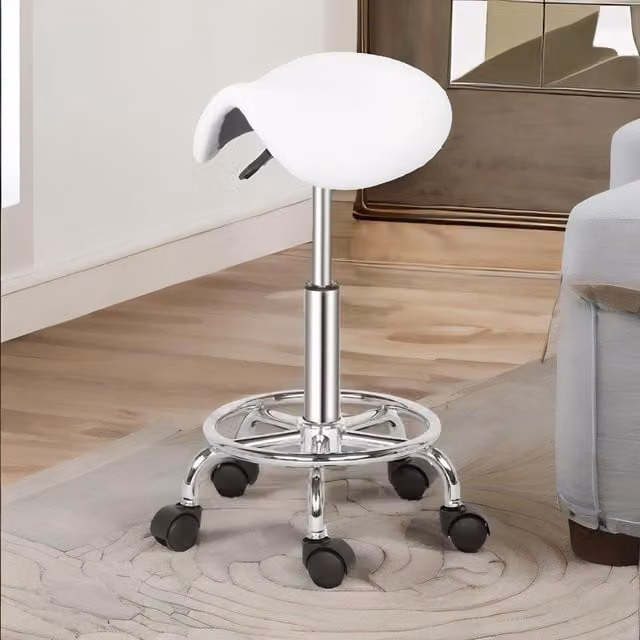 FURNOS 2-Piece White Saddle Salon Stool Set with Adjustable Height, 360 Degree Swivel and Castors