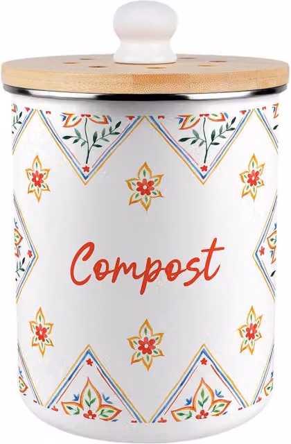 Purely Home Diamond Floral Metal Compost Caddy with Flip Lid, 2L, Red and White