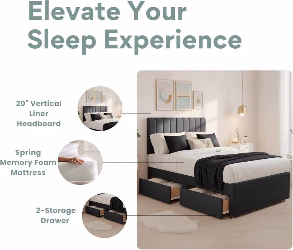 Bed Time UK Luxe Hybrid Divan Bed with 20in Headboard and 2 Drawer Storage, Black, W/D/H: 90 x 200 cm – 2