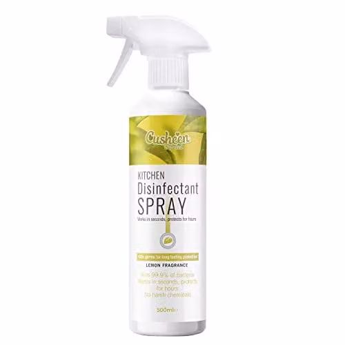 Cusheen Anti-Bacterial Kitchen Disinfectant Spray, 500ml, Zesty Lemon Scented Multi-Surface Cleaner and Degreaser, White