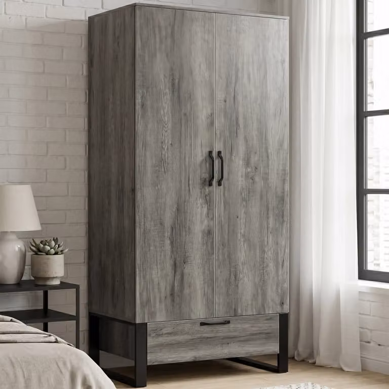 DHS Millwright Industrial 2 Door Wardrobe with Drawer in Grey and Black Wood Effect, H 185 x W 90 x D 54 cm