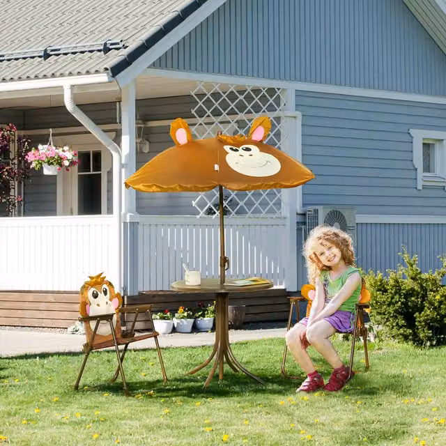 OUTSUNNY Kids Foldable Four-Piece Garden Set with Round Table, Chairs and Adjustable Umbrella in Brown