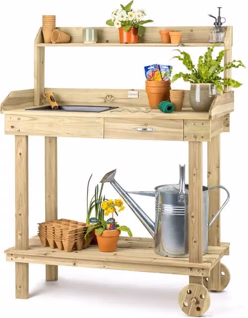 Christow Rustic Treated Hardwood Garden Potting Table with Castors in Brown and Yellow