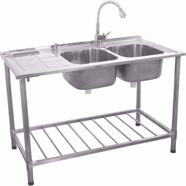 KuKoo Commercial Catering Double Bowl Sink with Left Hand Drainer, Stainless Steel, Silver, W/D/H: 120 x 60 x 79 cm – 1