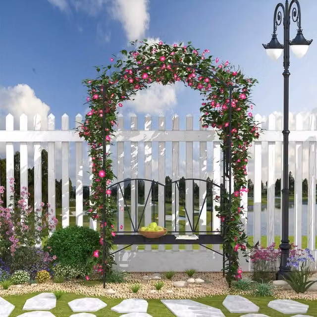 Outsunny Metal Garden Bench with Arch for Climbing Plants, Black