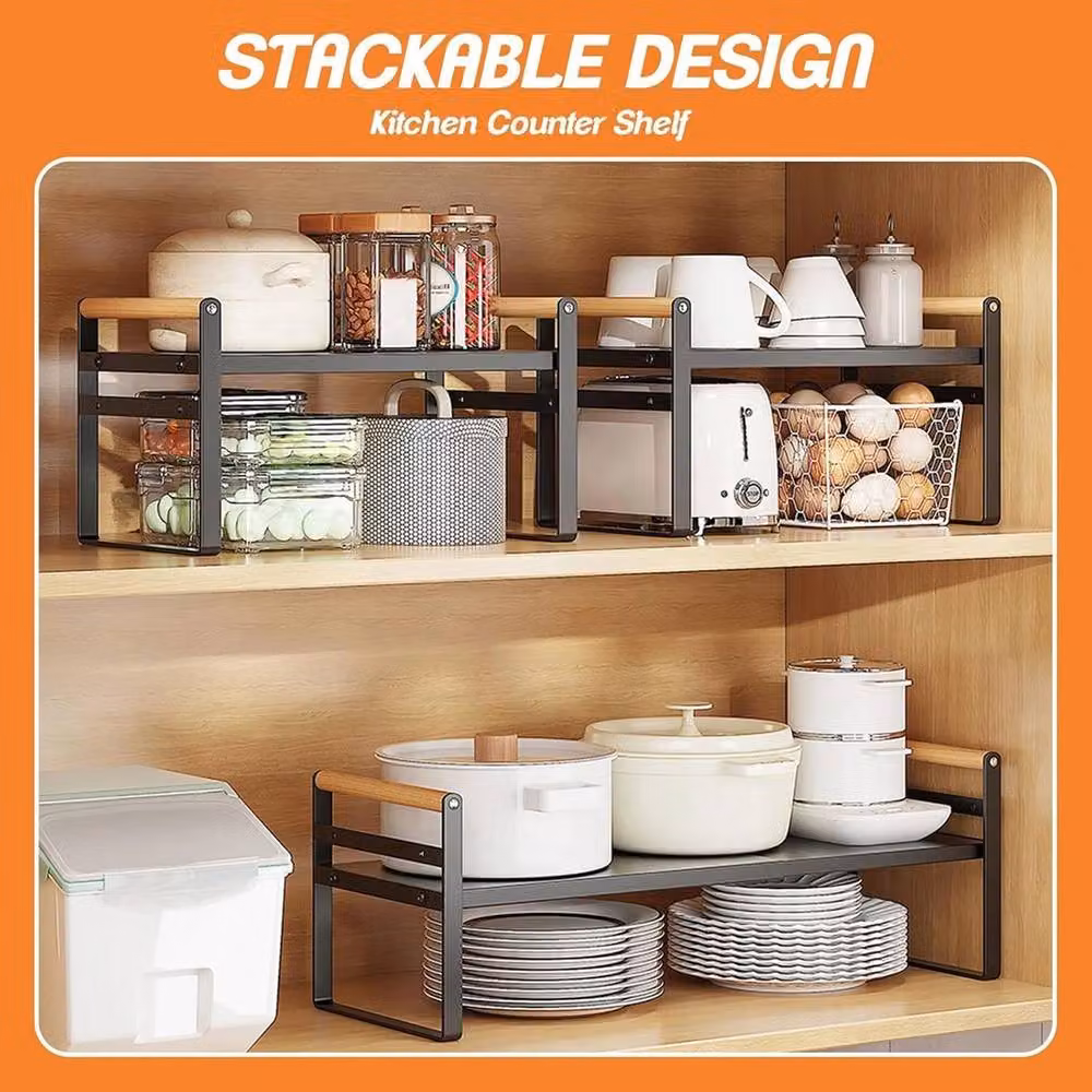 VOGREX Expandable Adjustable Metal Kitchen Cabinet Shelf Insert, Black, Width: 37-60 cm – 3