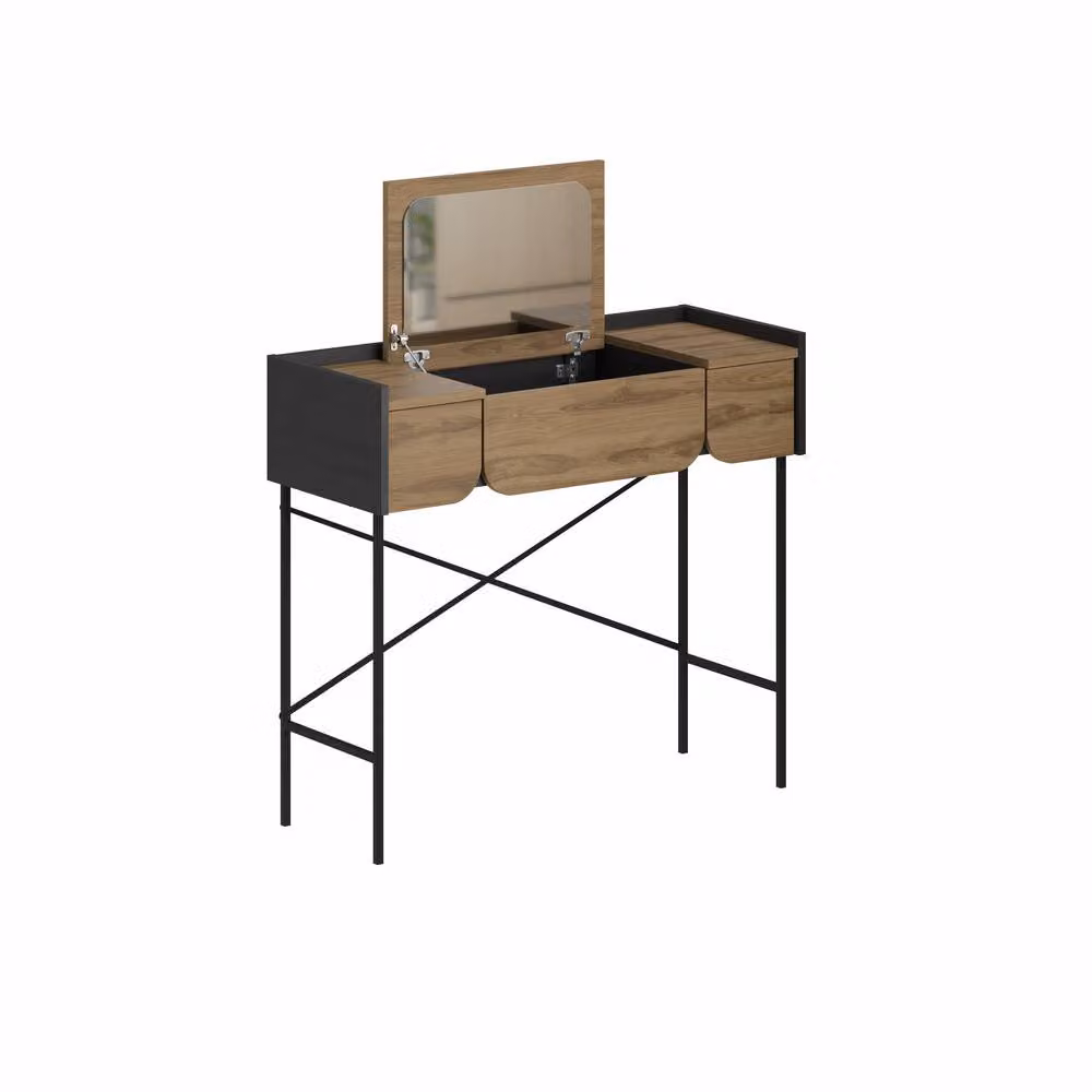 Decortie Terra Modern Dressing Table with Lift-Up Mirror and Two Drawers in Brown and Multicolour, W: 123.5 cm, D: 100.0 cm, H: 60.0 cm – 2