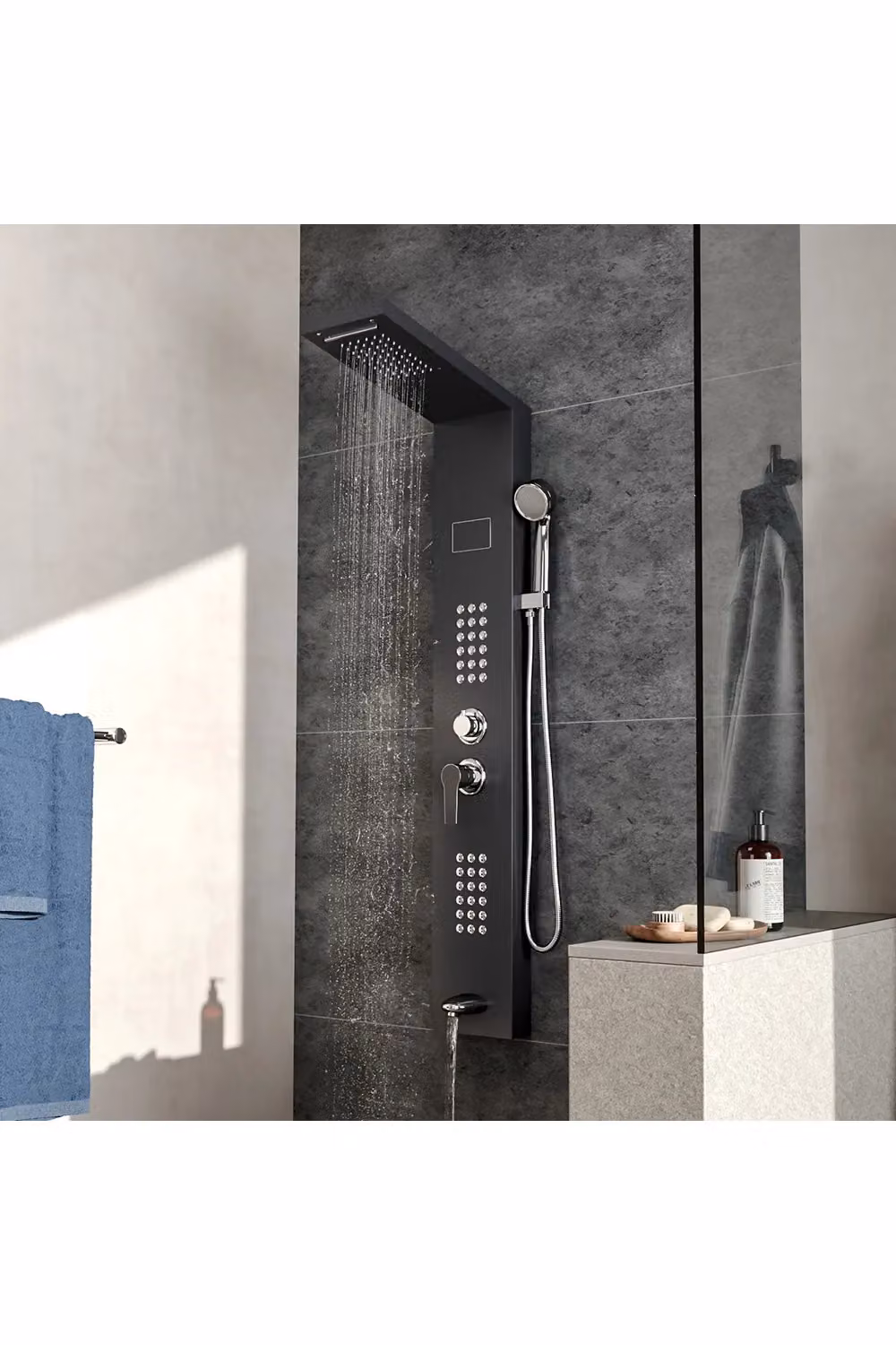 Living and Home Stainless Steel Shower Panel with LED Temperature Display, Hand Shower, Rain and Massage Functions in Matt Black, H: 134.8 cm – 2