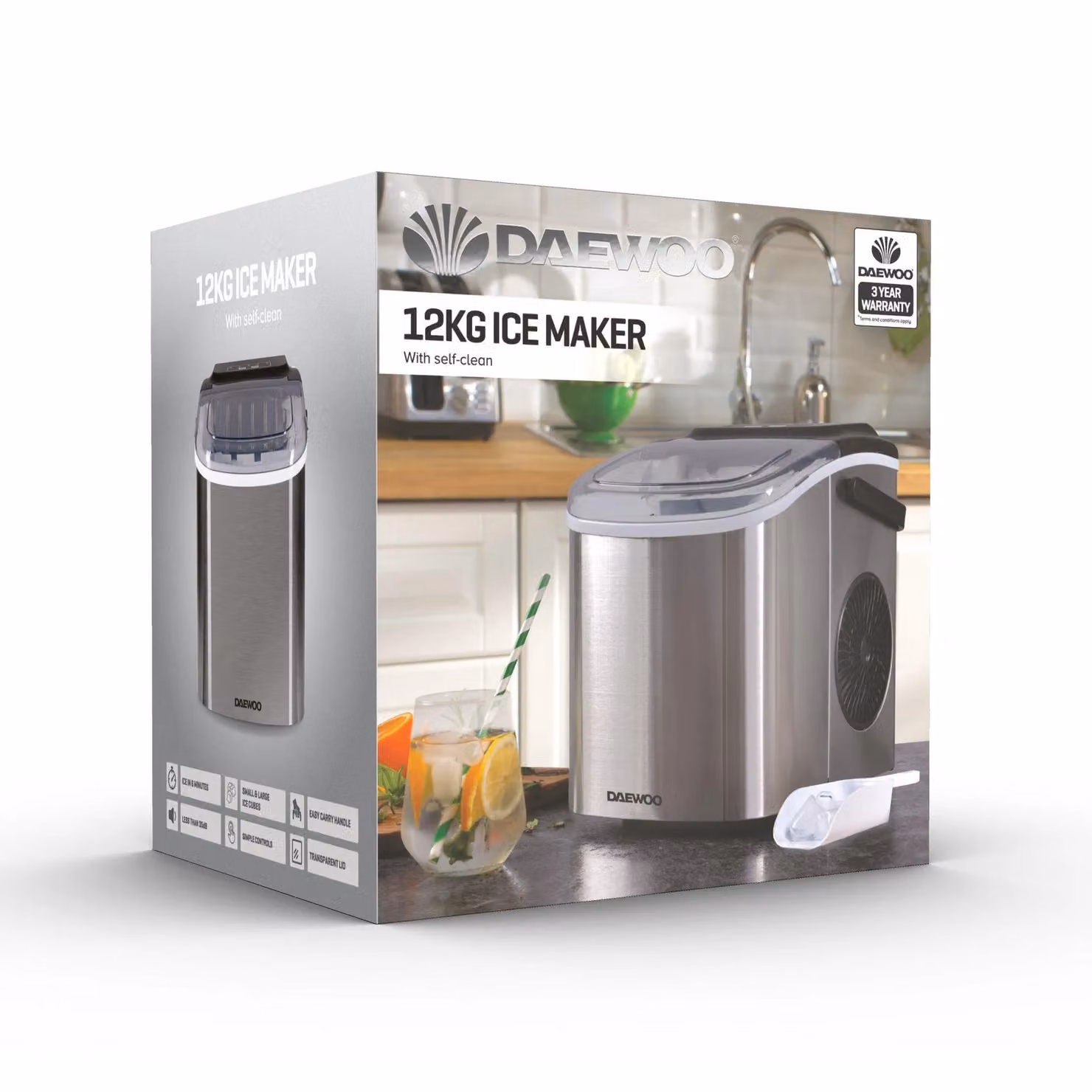 Daewoo Compact Countertop Ice Cube Maker Machine, 12kg Capacity, Silver – 4