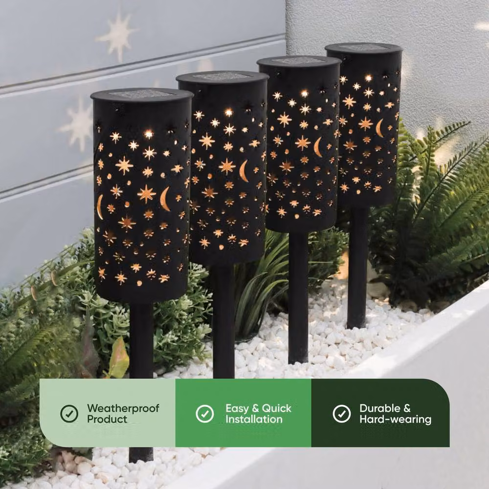 Gardenwize Pack of 4 Solar LED Night Sky Stake Lights in Black with Warm White Illumination – 3