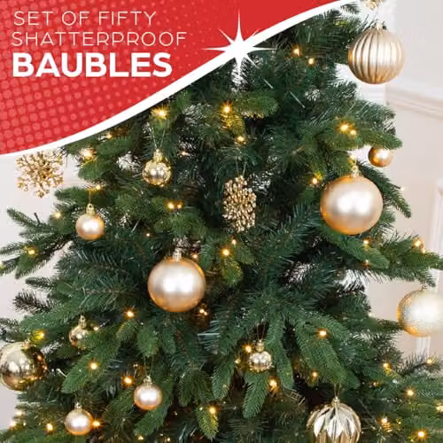 The Christmas Workshop Set of 50 Shatterproof Textured Gold Baubles for Christmas Tree Decoration – 3