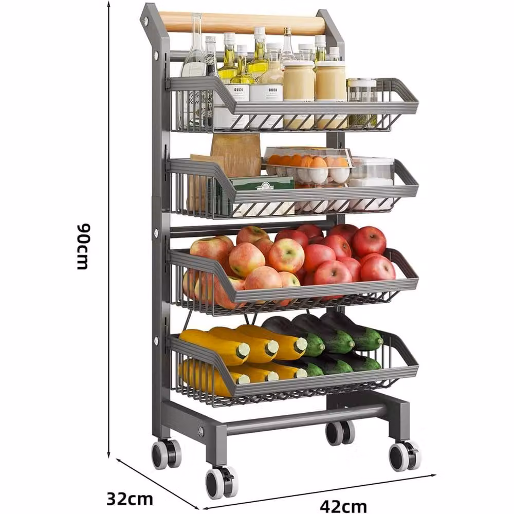 VOGREX 4-Tier Heavy Duty Steel Rolling Kitchen Storage Rack with Adjustable Shelves in Silver – 2