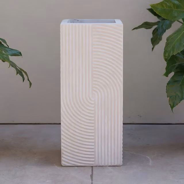 Primrose Ribbed Swirl Design Tall Square Outdoor Planter in White and Grey, Height: 210 cm