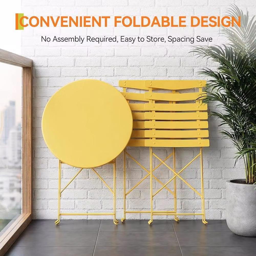 London Boutique 3-Piece Folding Metal Bistro Set with Round Table and 2 Chairs in Yellow – 4